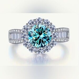 MOISSANITE 2 Carat Cyan Blue Ring in 18K White Gold